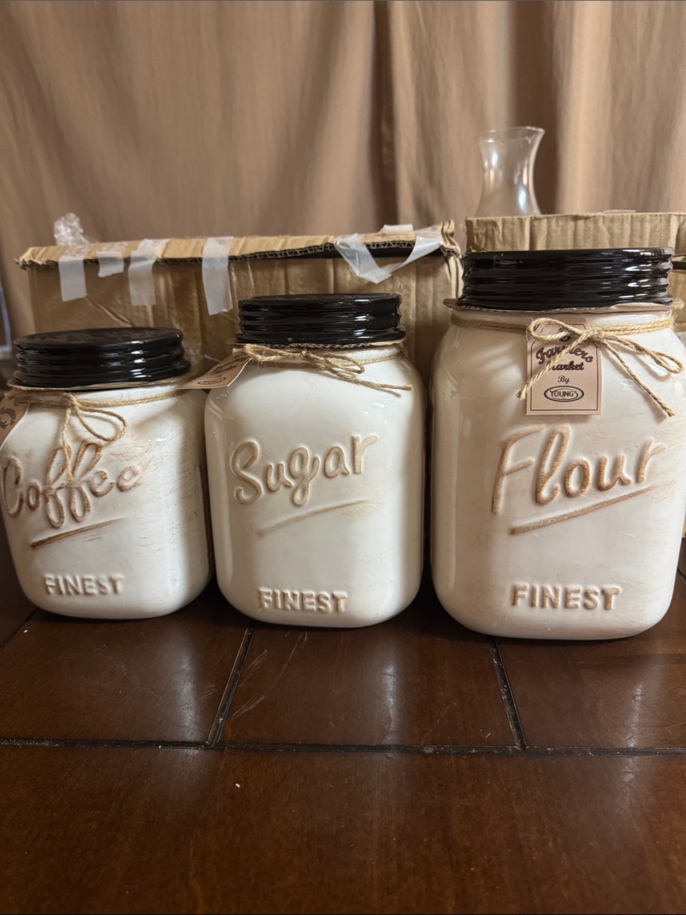 Cream Ceramic Coffee, Sugar & Flour Canister Set with Dark Brown Lids
